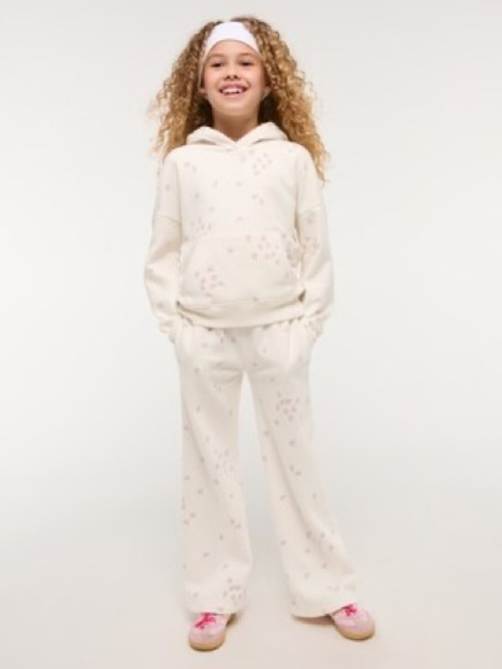 Cream Pullover Hoodie & Lounge Pants Set with Pink Flowers